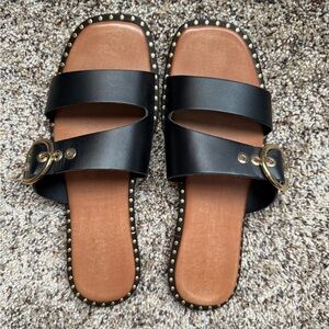 Coach Black Leather Slide Sandals with Gold Studs